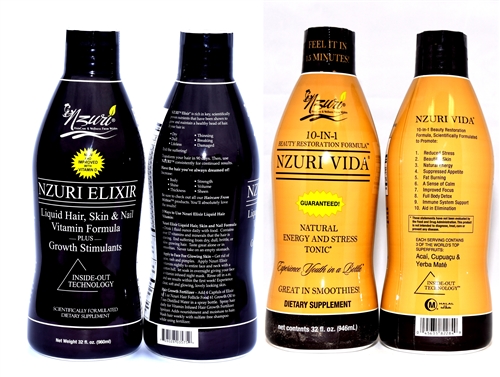 Nzuri Elixir Hair Vitamin & Nzuri Vida Energy and Stress Tonic(NZ VIDA BACK ORDER)  Perfect Duo Double Pack (4 btls 2 each)