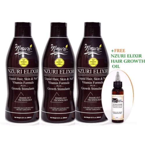 Nzuri Elixir – Liquid Hair Skin & Nail Vitamin Plus Growth Stimulants with Vitamin D – 3 Bottles 32 Oz + Nzuri Elixir oil (Free)