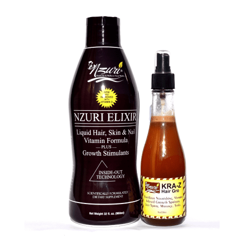 Nzuri Elixir – Liquid Hair Vitamin Plus Growth Stimulants with Vitamin D – 32Oz + Kra-z Hair Gro Fertilizer Nourishing, Vitamin infused Growth Spritzer 8oz